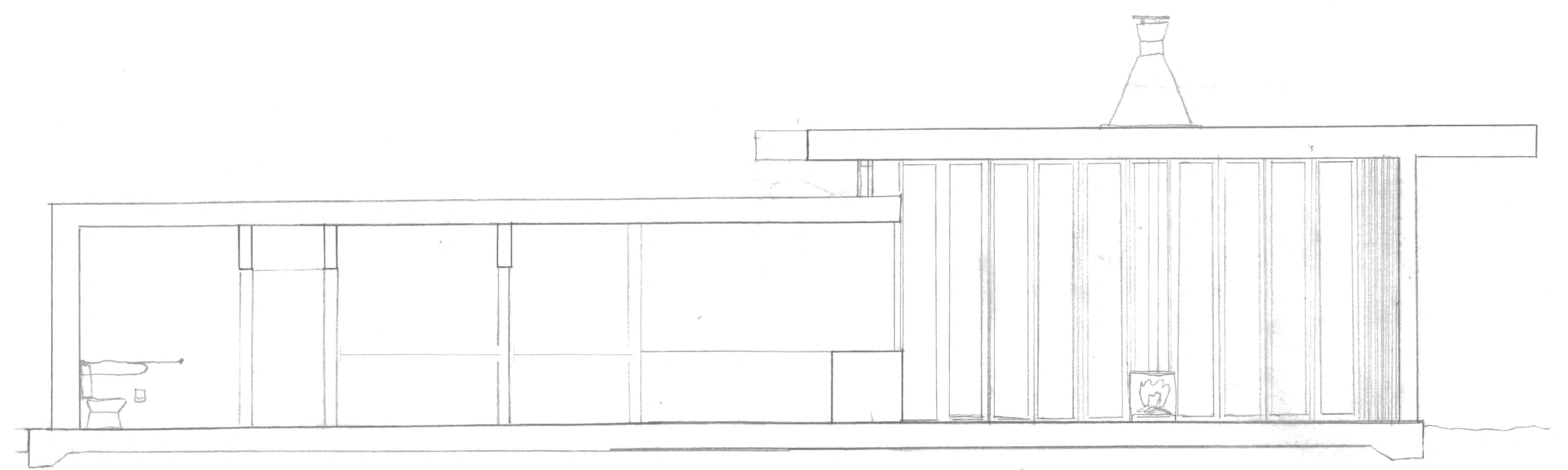 Section through the service volume and café
