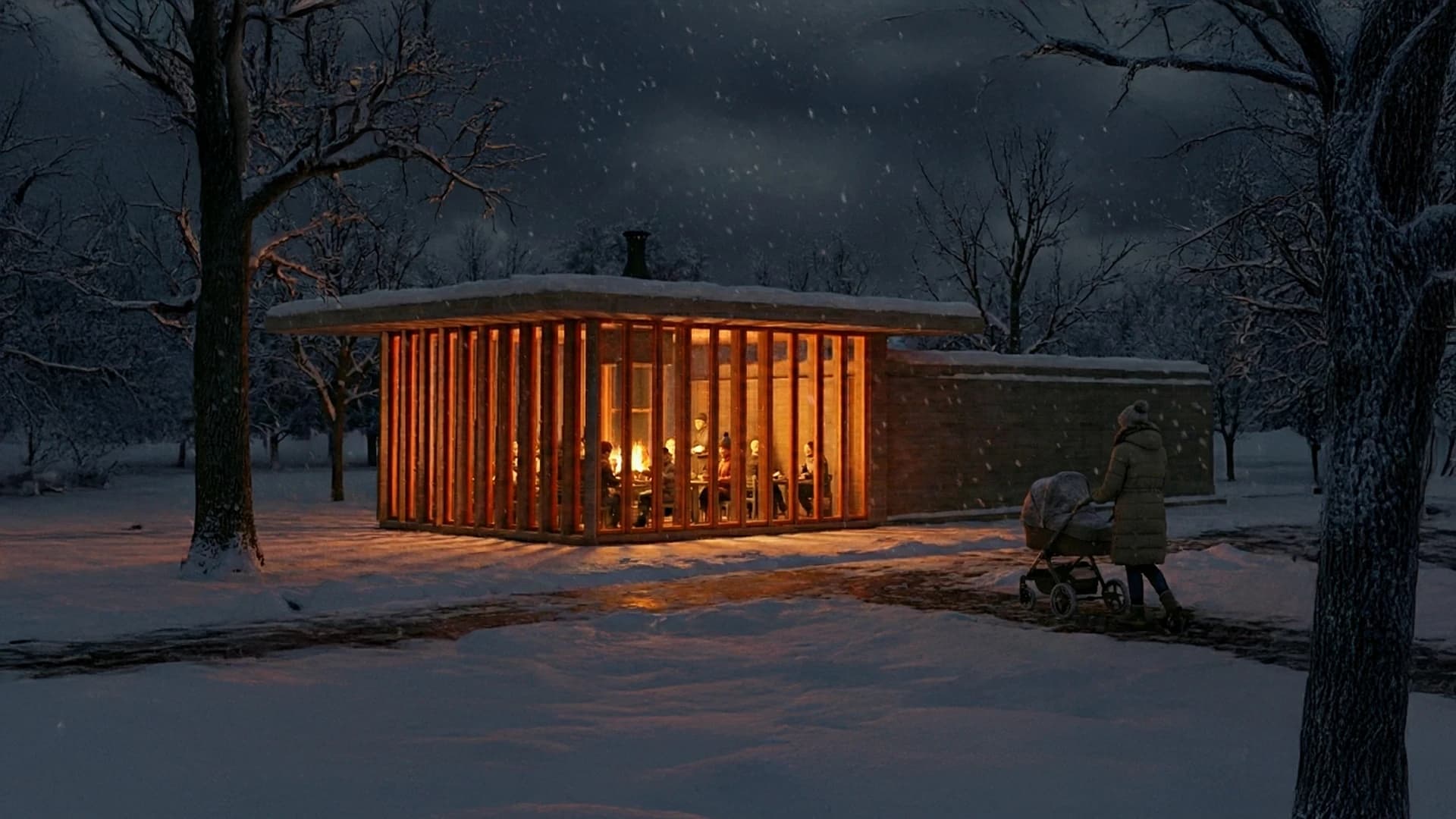 The Lantern café glowing in a snow-covered park