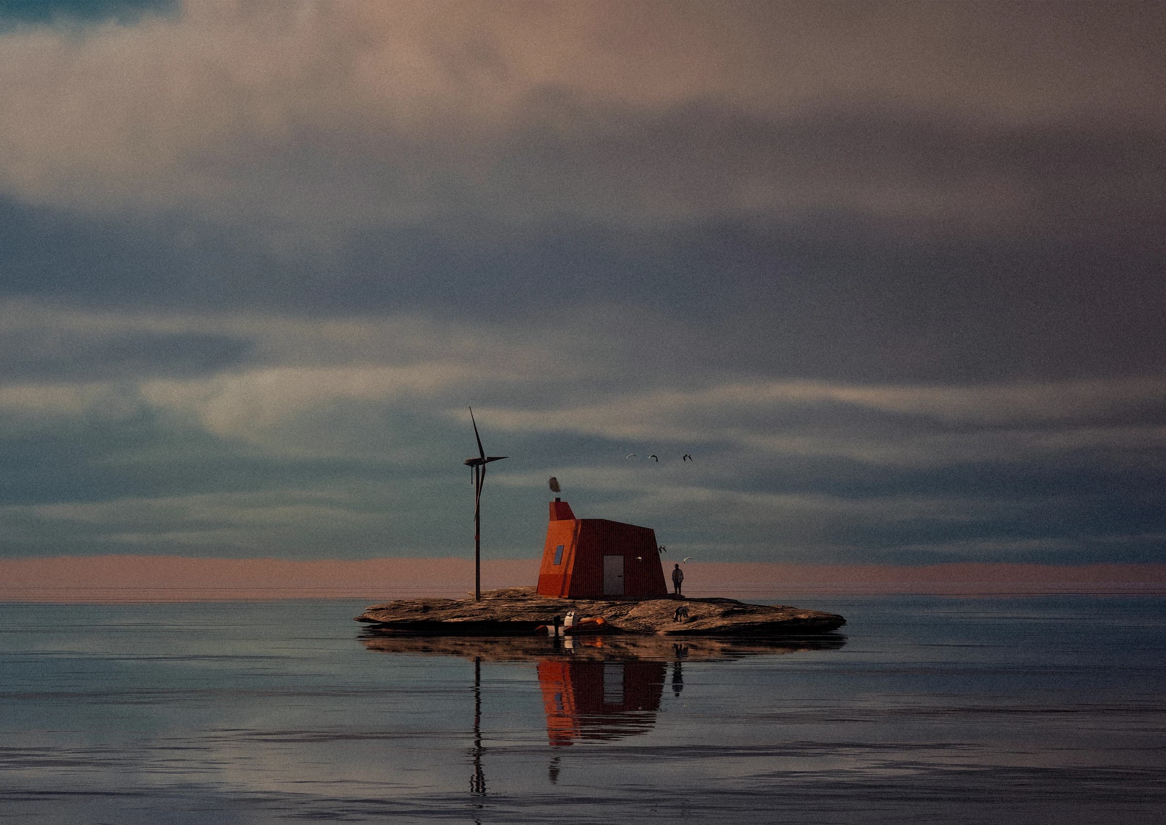 A corrugated-metal house and wind turbine reflected in the water around a rocky island