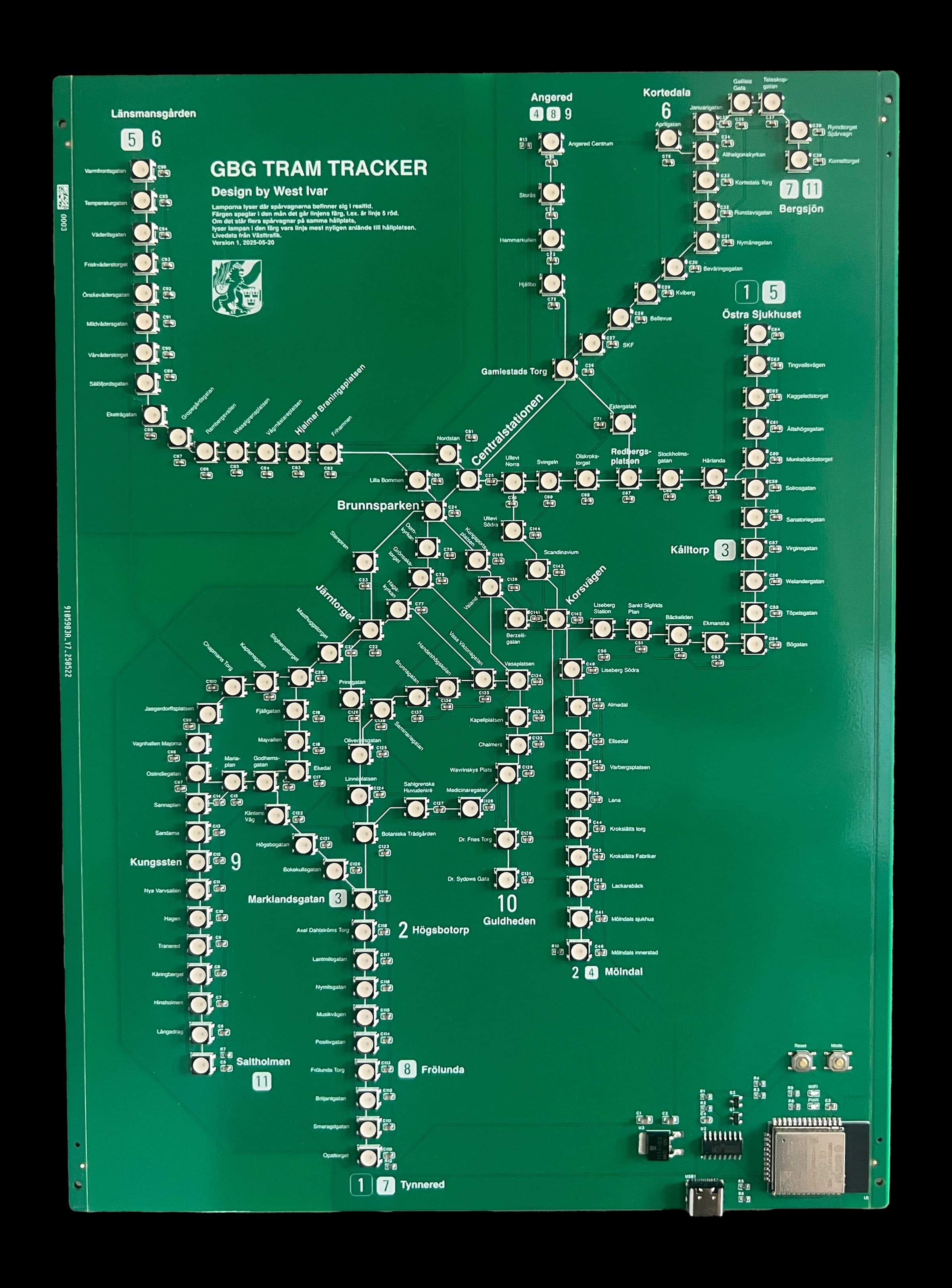 Circuit board design depicting Gothenburg’s tram network
